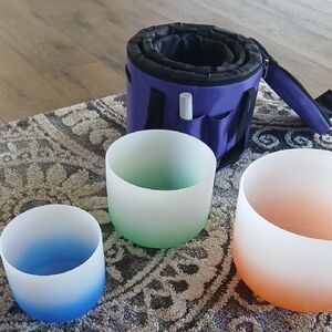 Set of 3 Gradient Frosted Crystal Singing Bowls - Blue, Green, Orange